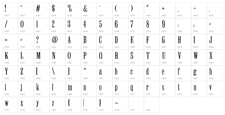 Winchester Regular Character Map