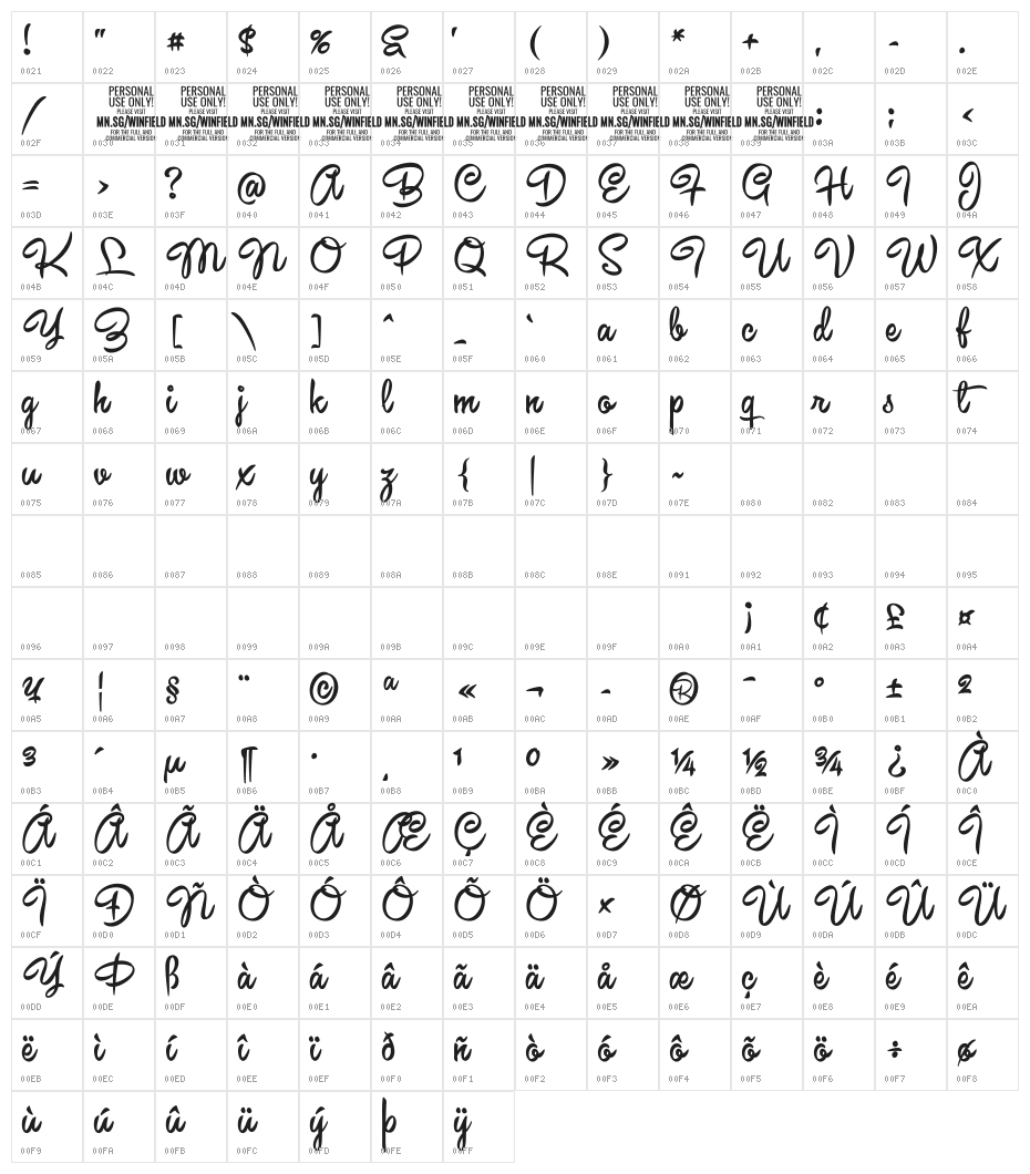Winfield Script PERSONAL USE Character Map
