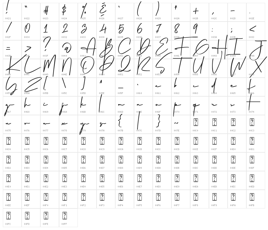 Winter Pen Character Map