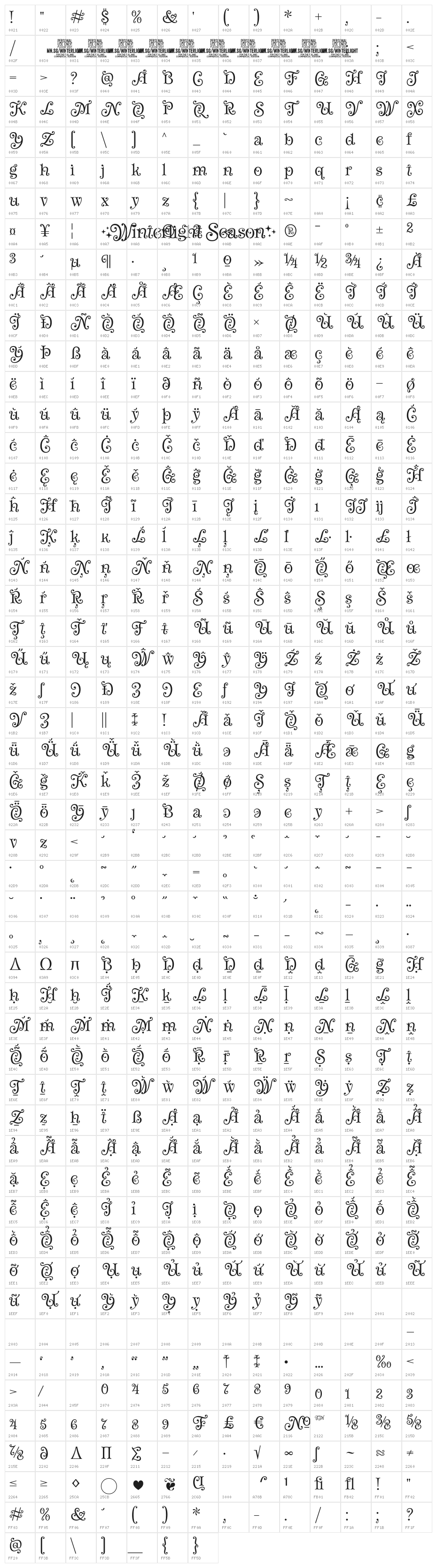 Winterlight Season PERSONAL Regular Character Map