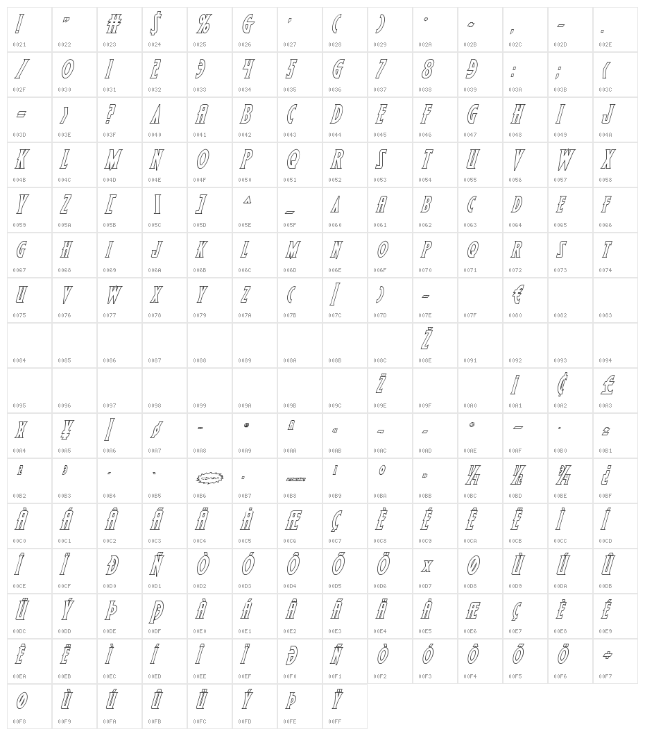 Wolf's Bane II Outline Italic Character Map