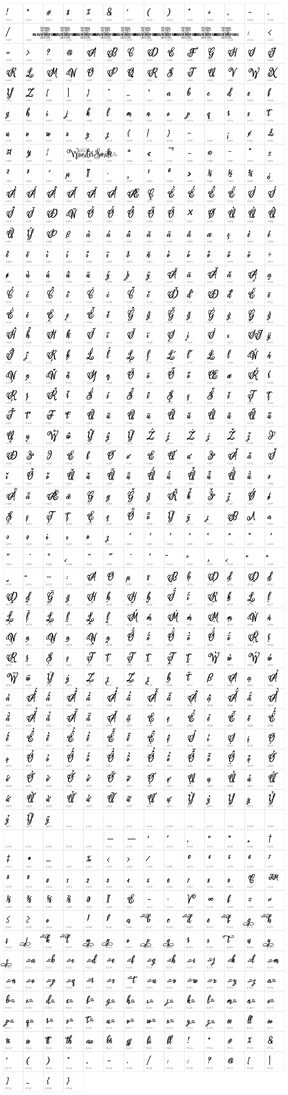 Wonder Smile Bold PERSONAL USE Italic Character Map