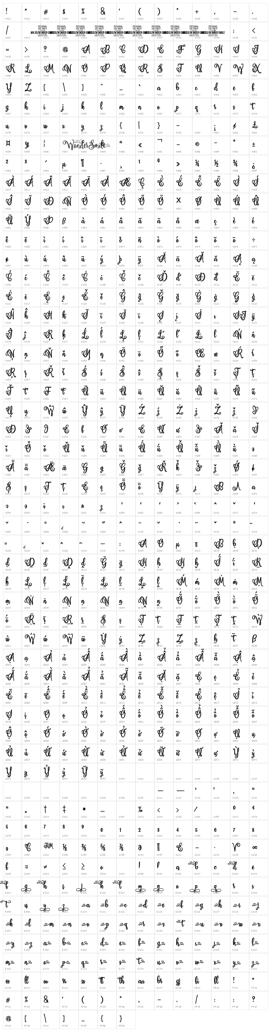 Wonder Smile Bold PERSONAL USE Regular Character Map