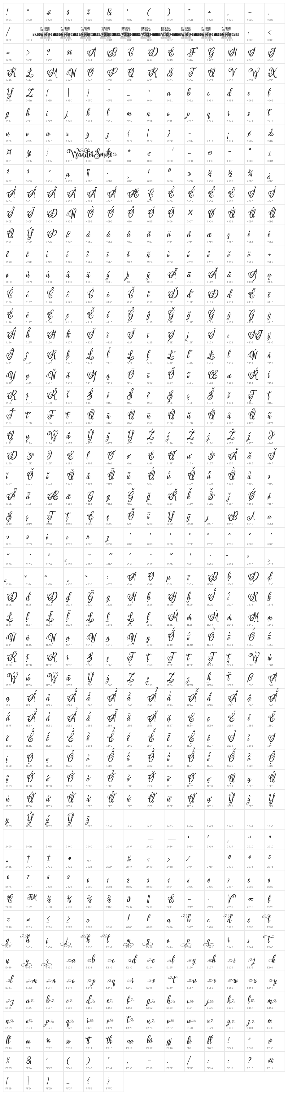 Wonder Smile PERSONAL USE Italic Character Map