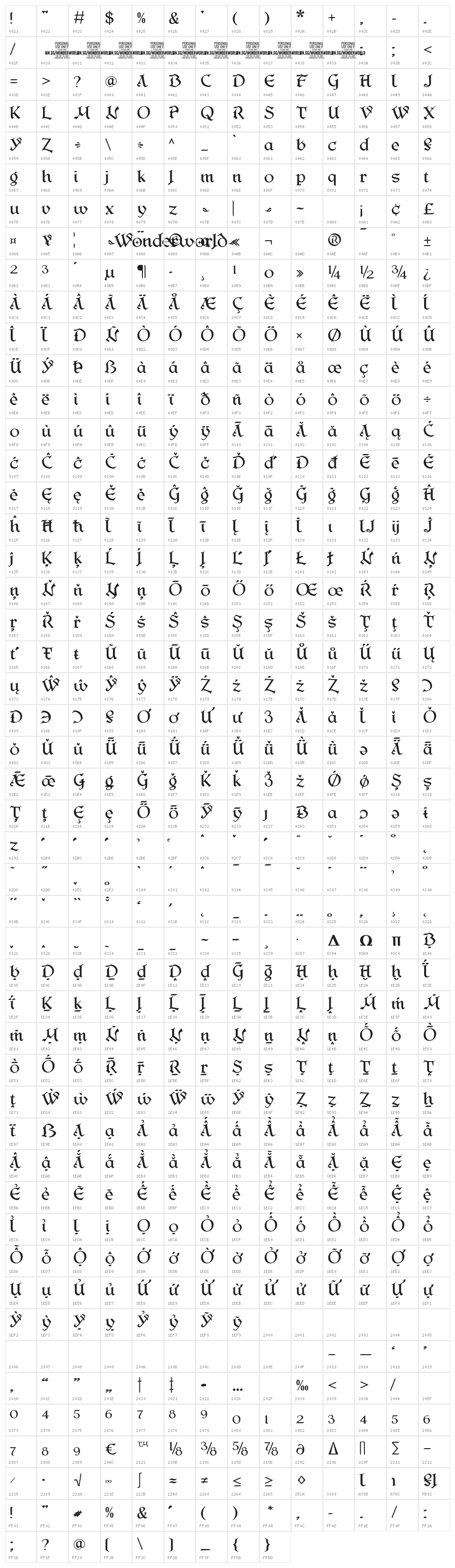 Wonderworld PERSONAL USE Regular Character Map