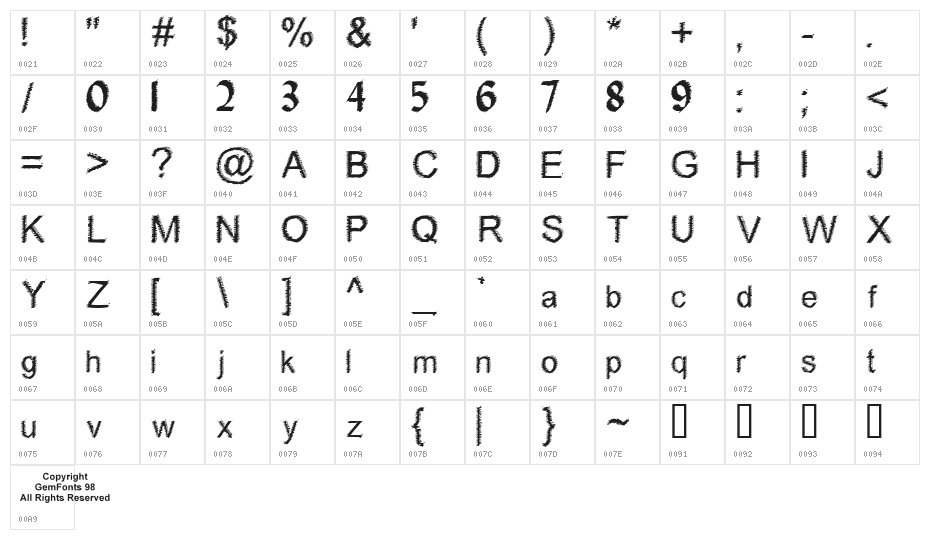 Woodbrush Character Map