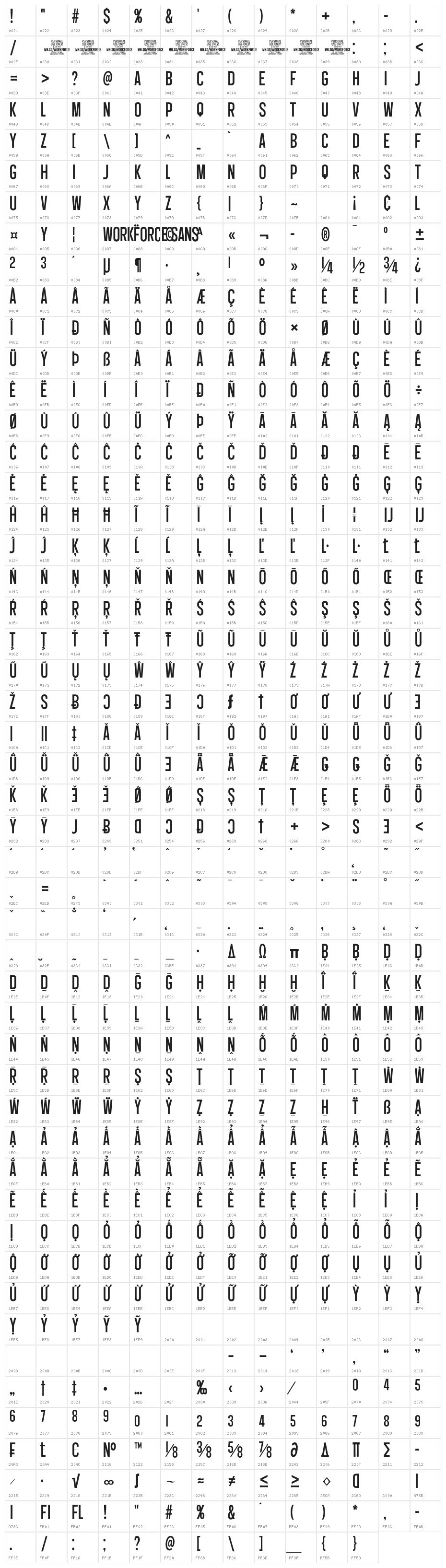 Workforce Sans PERSONAL USE Regular Character Map