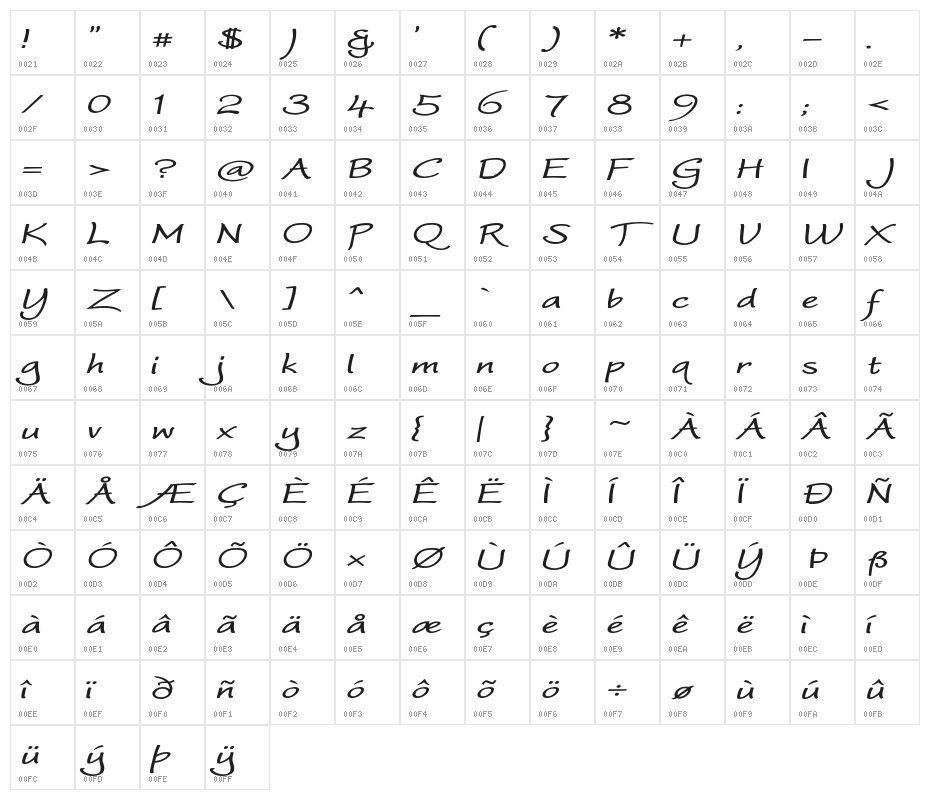 WorstveldSlingBoldExpandOblique Character Map