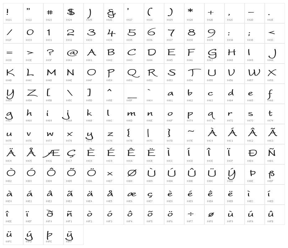 WorstveldSlingBoldExpand Character Map