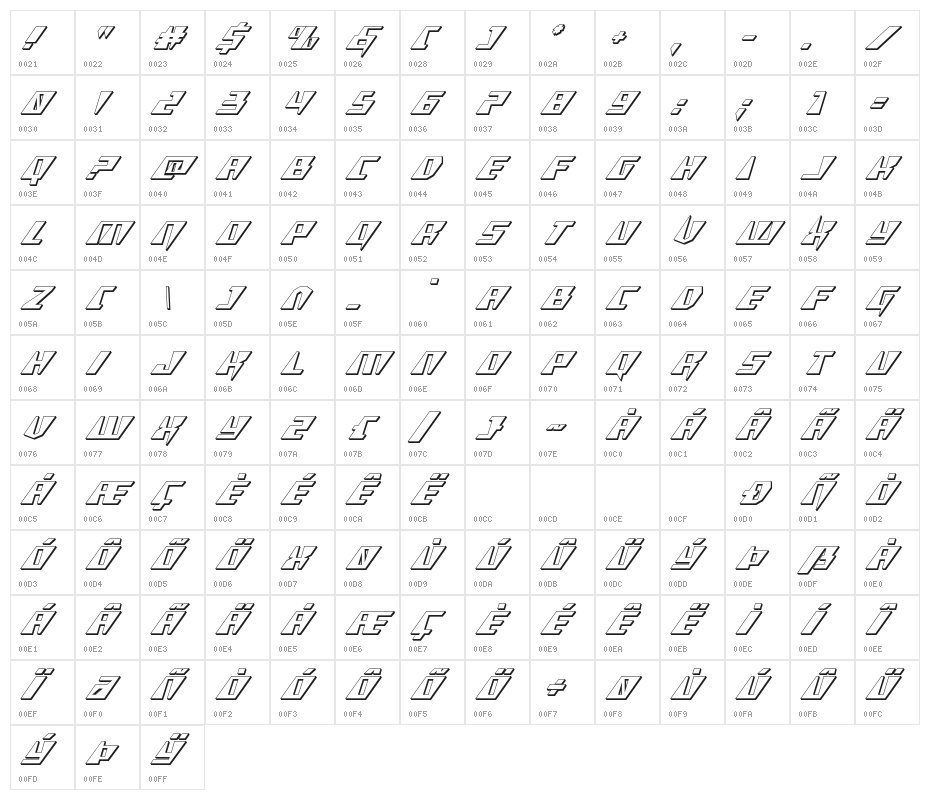 X-Racer 3D Italic Character Map
