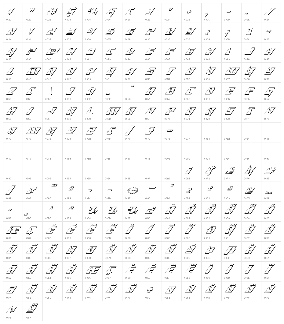 X-Racer 3D Italic Character Map