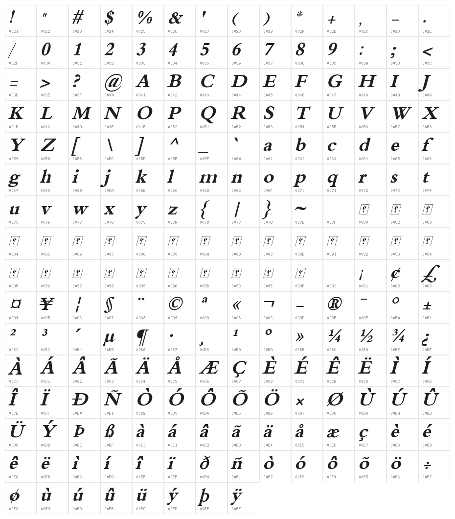 XB Tabriz Bold Italic Character Map