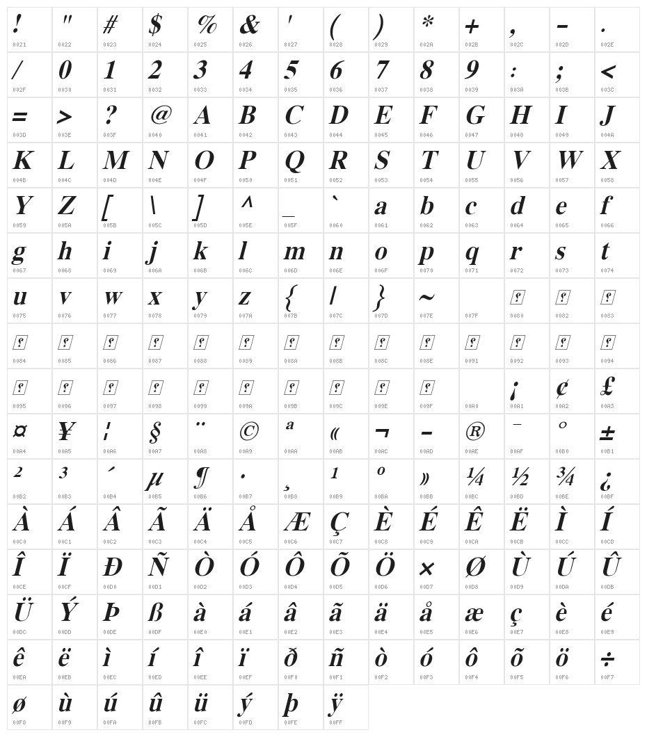 XB Yas Bold Italic Character Map