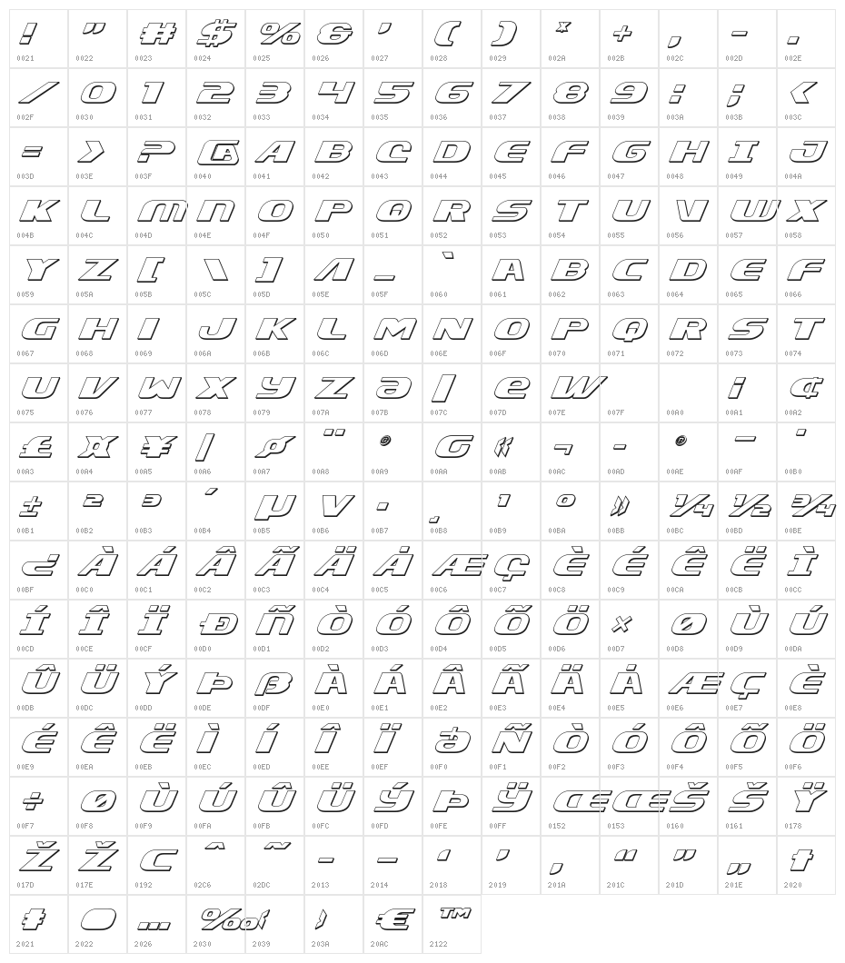Xcelsion 3D Italic Italic Character Map
