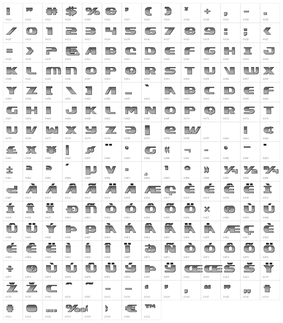 Xcelsion Chrome Character Map