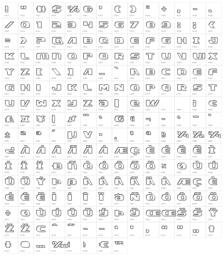 Xcelsion Engraved Character Map