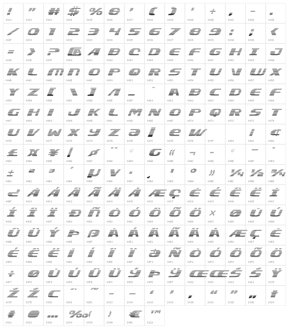 Xcelsion Gradient Italic Italic Character Map