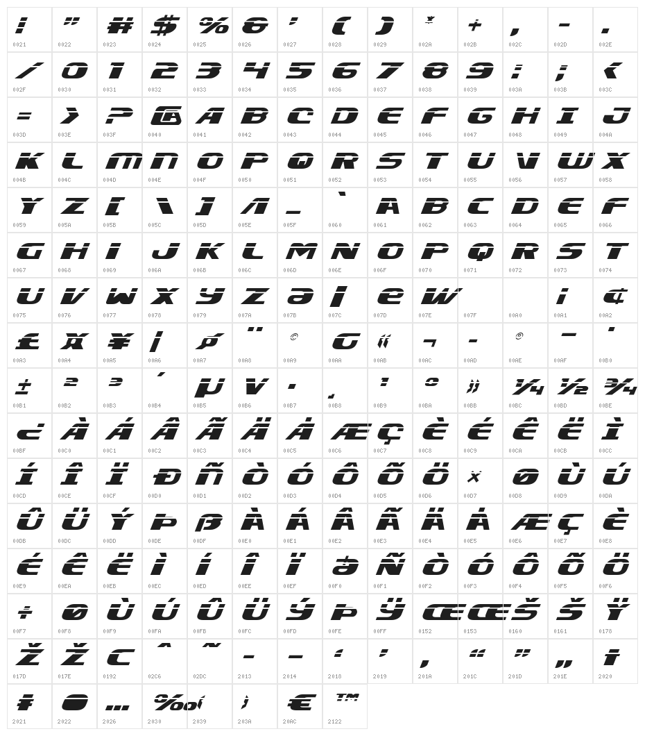 Xcelsion Laser Italic Italic Character Map
