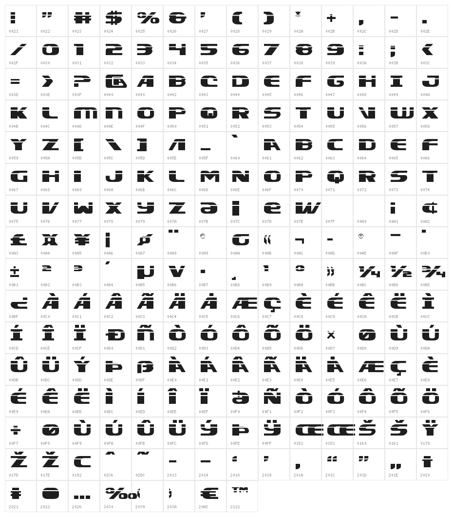 Xcelsion Laser Character Map