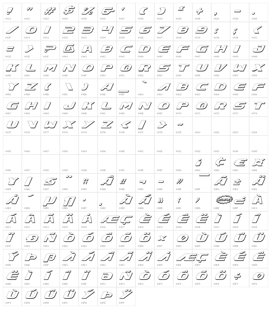 Xcelsion Shadow Italic Character Map