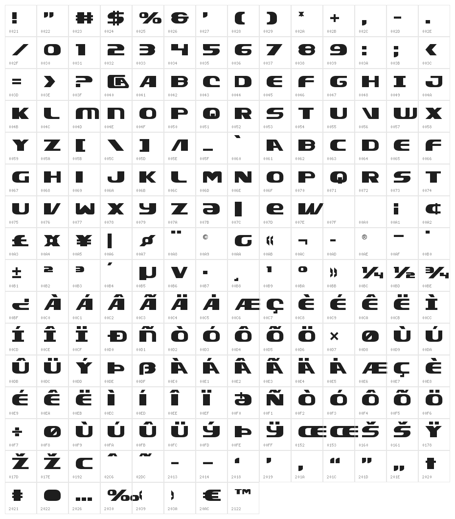 Xcelsion Title Character Map