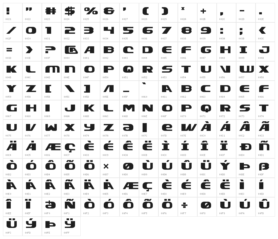 Xcelsion Character Map