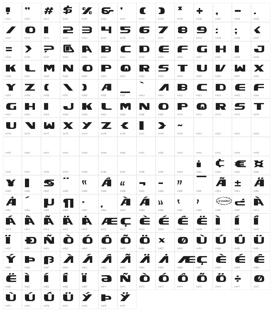 Xcelsion Character Map