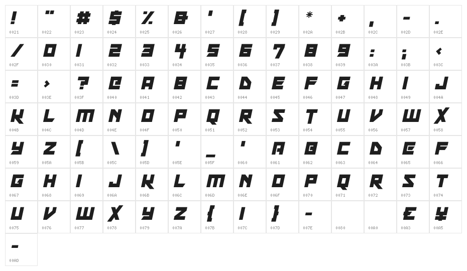 Xen Galaxy Italic Character Map
