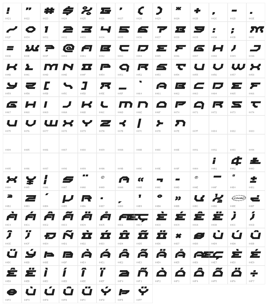 Xeno-Demon Expanded Italic Character Map