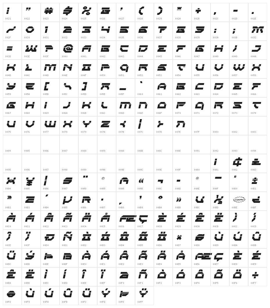 Xeno-Demon Laser Italic Character Map