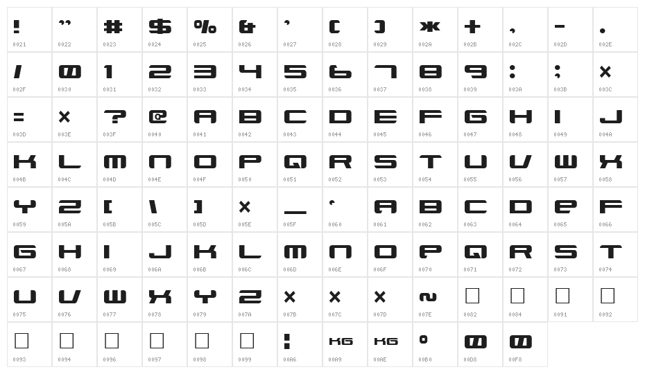 Xenotron Broadstroke Character Map
