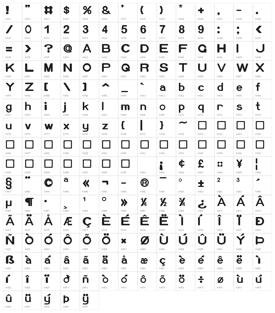 Xero Bold Character Map