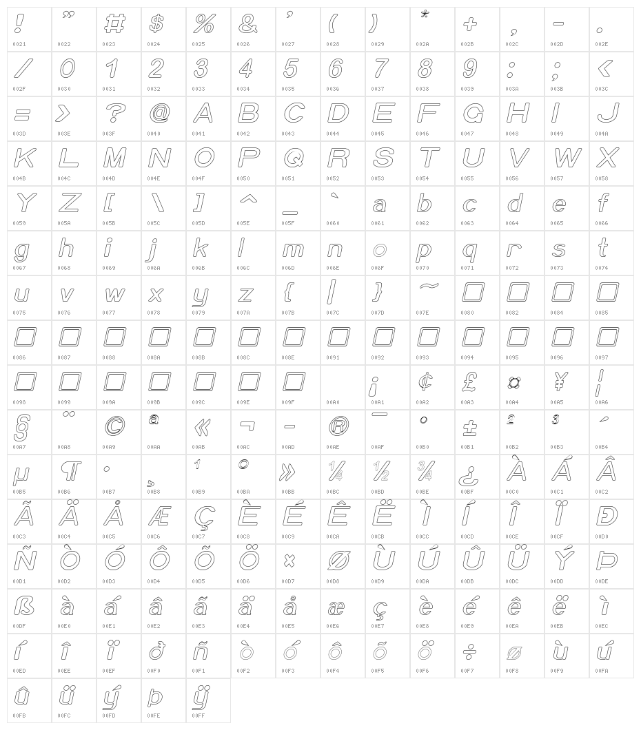 Xero Hollow Italic Character Map