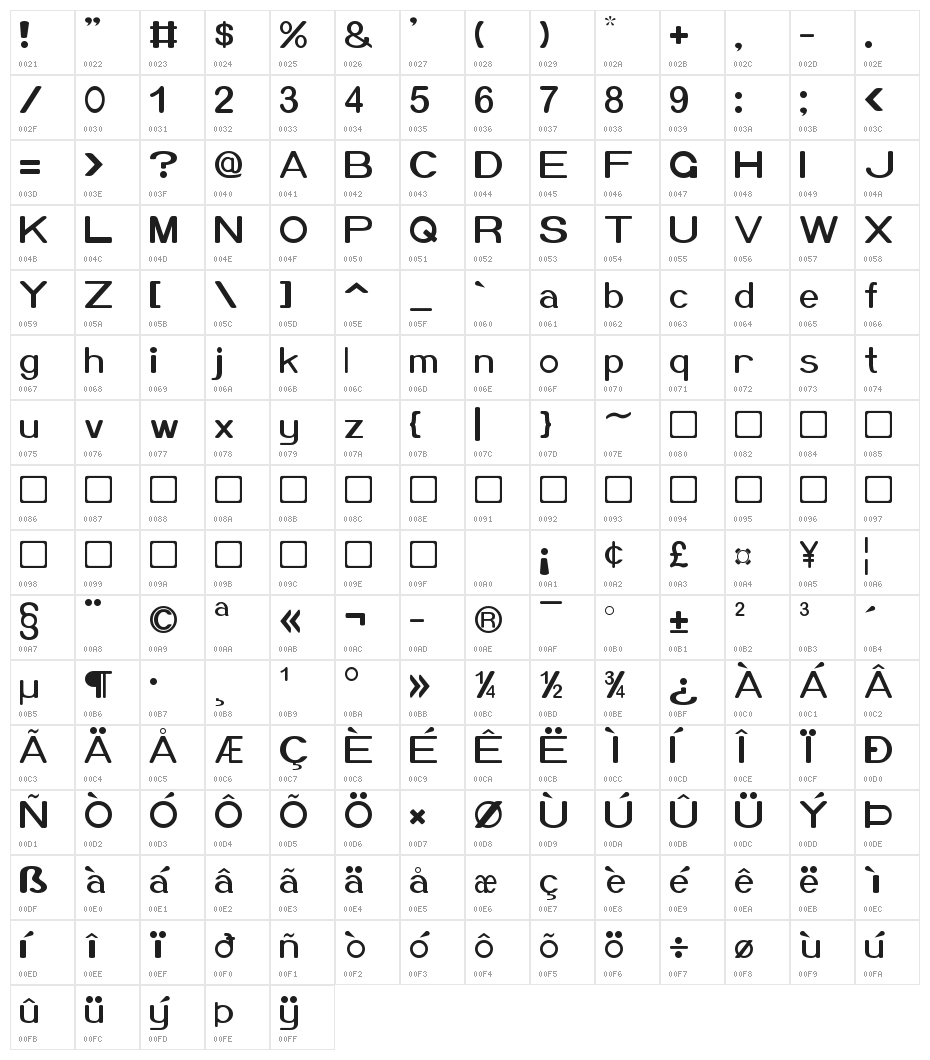 Xero Thin Character Map