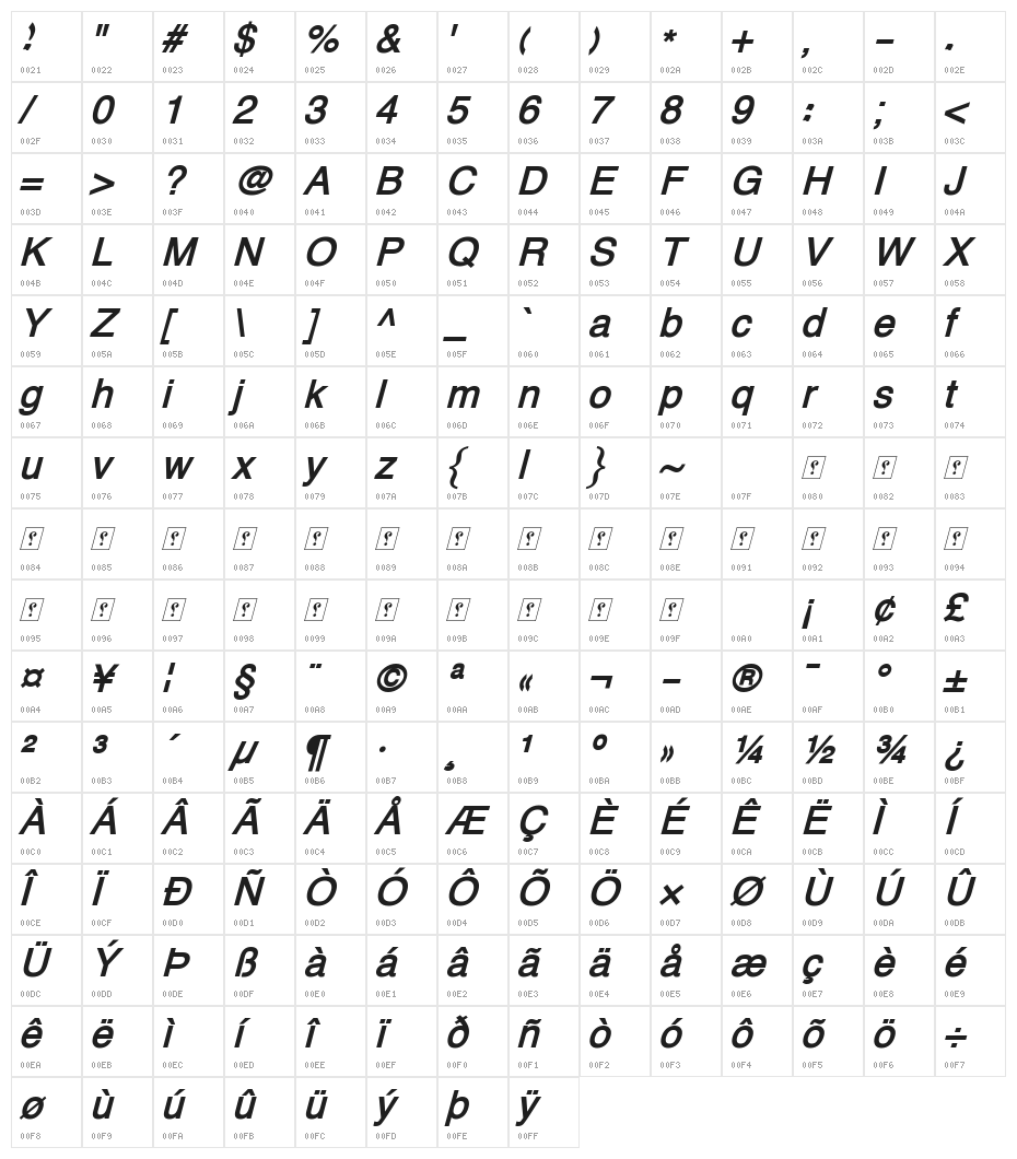 XM Vahid Bold Italic Character Map