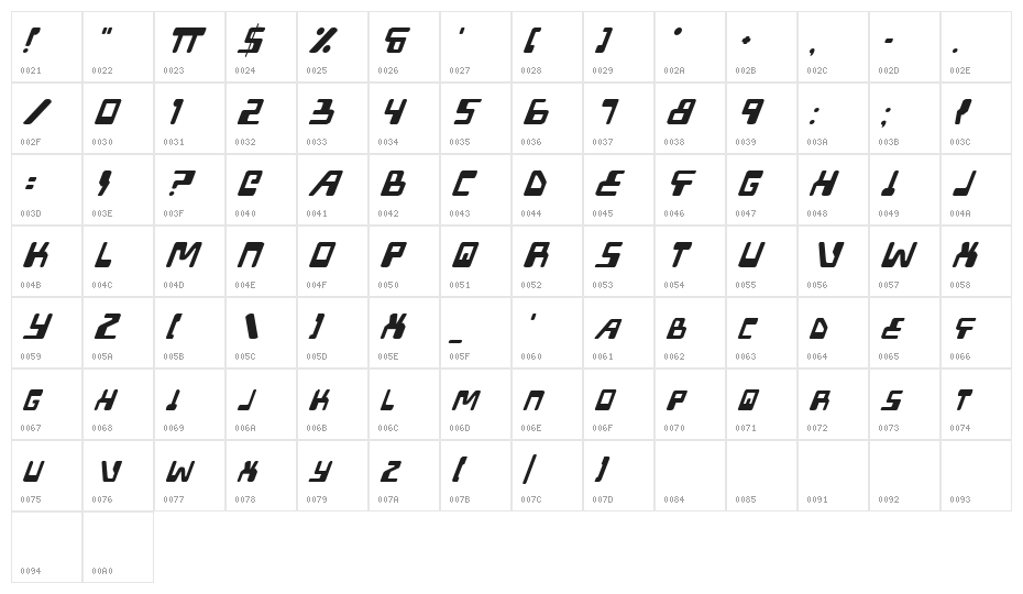 XPED Italic Character Map