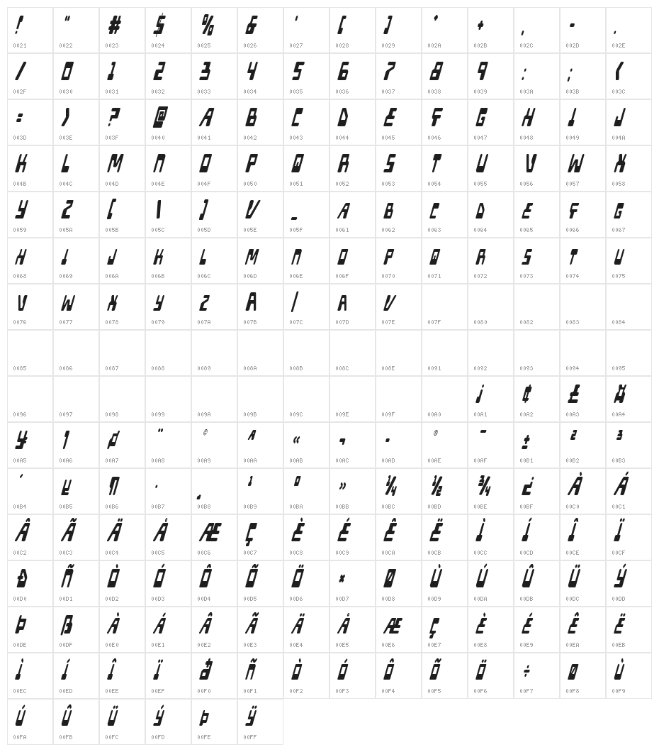 Xped Extra-Condensed Italic Character Map