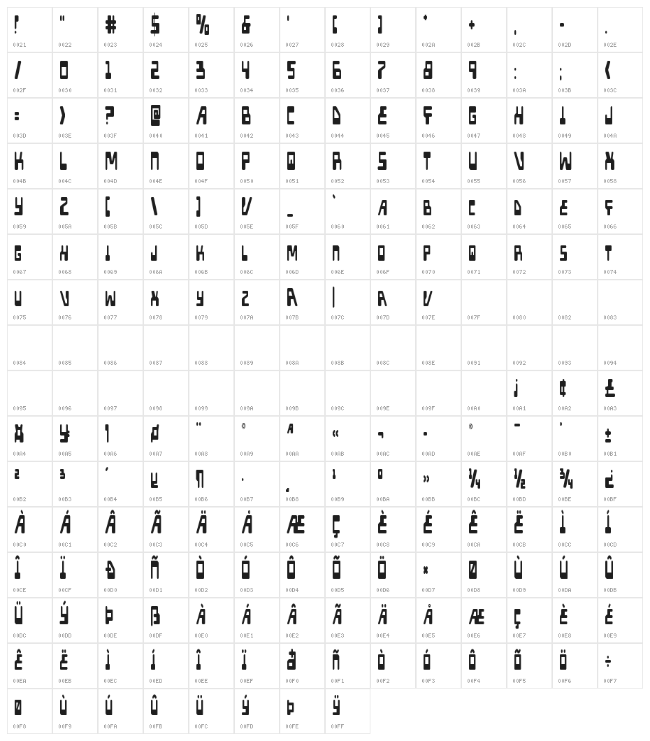 Xped Extra-Condensed Character Map