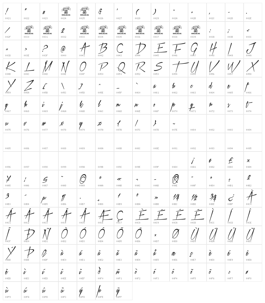 Xtreem 2 Personal Use Character Map