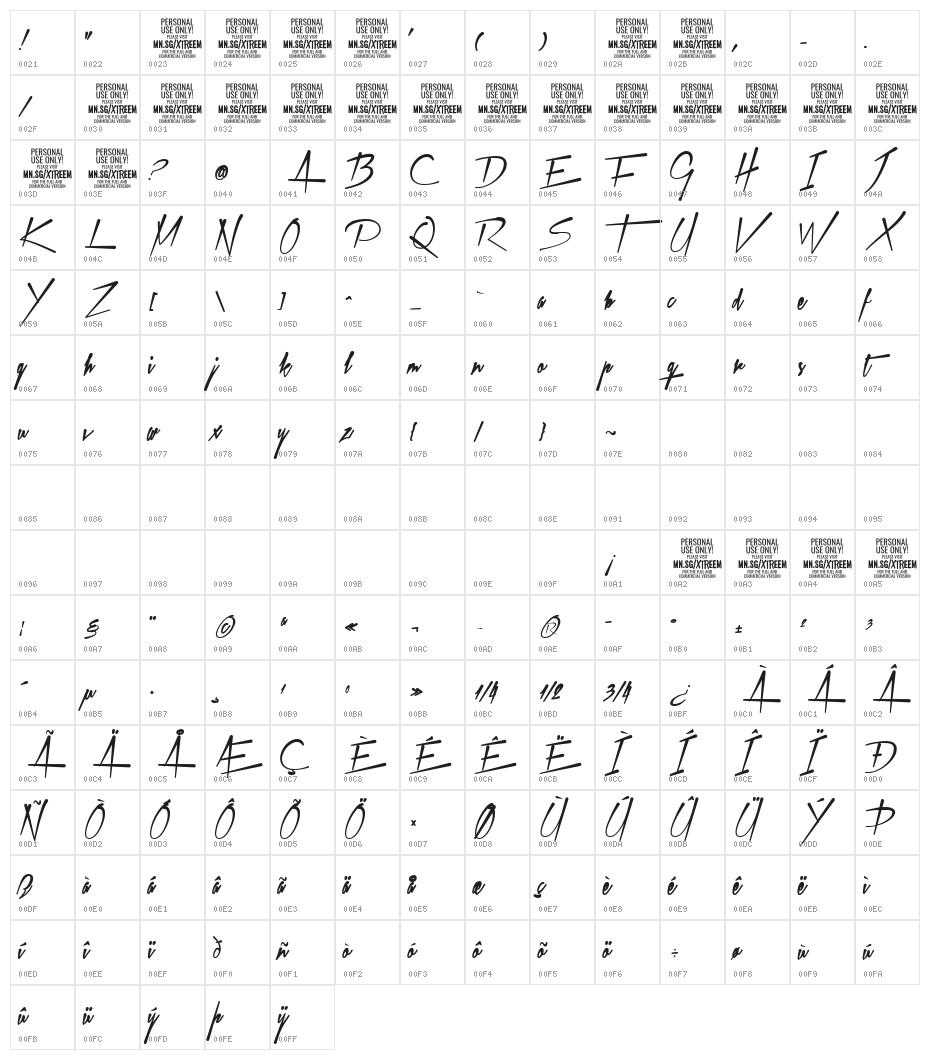 Xtreem Fat PERSONAL USE Character Map