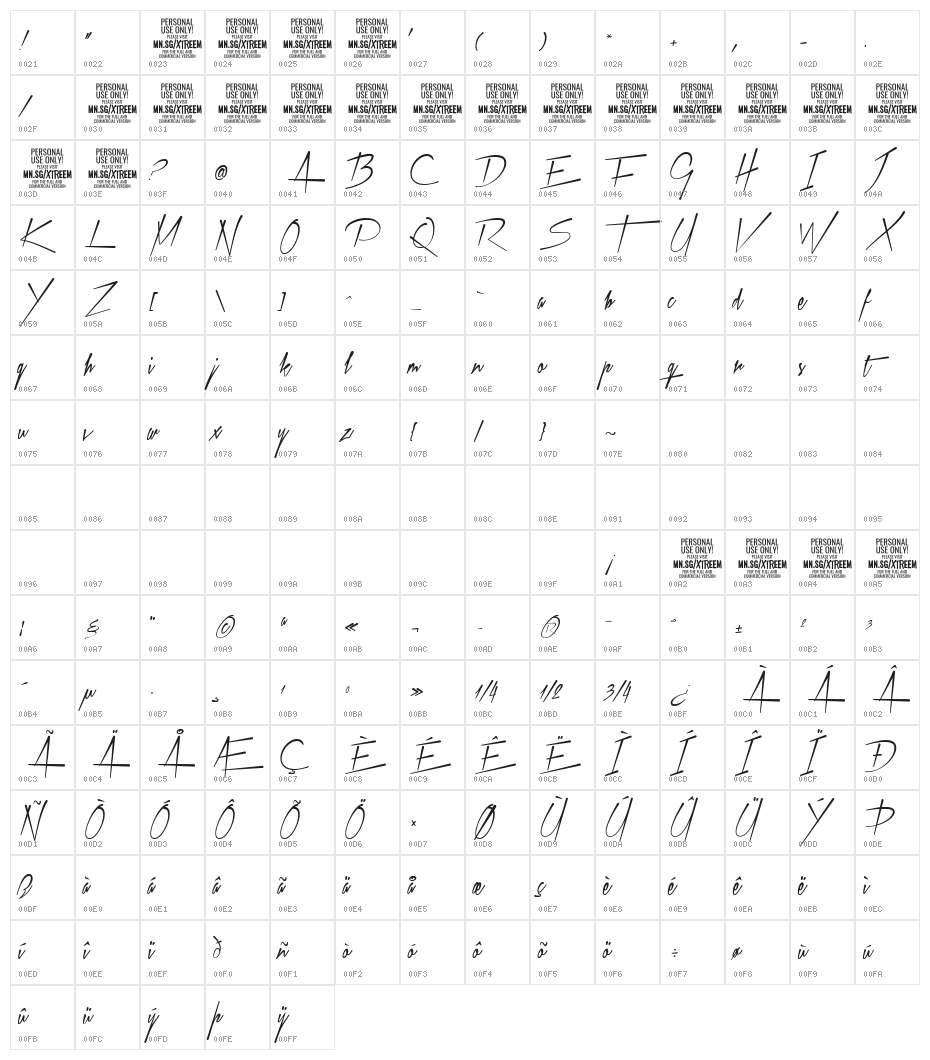 Xtreem Medium PERSONAL USE Character Map