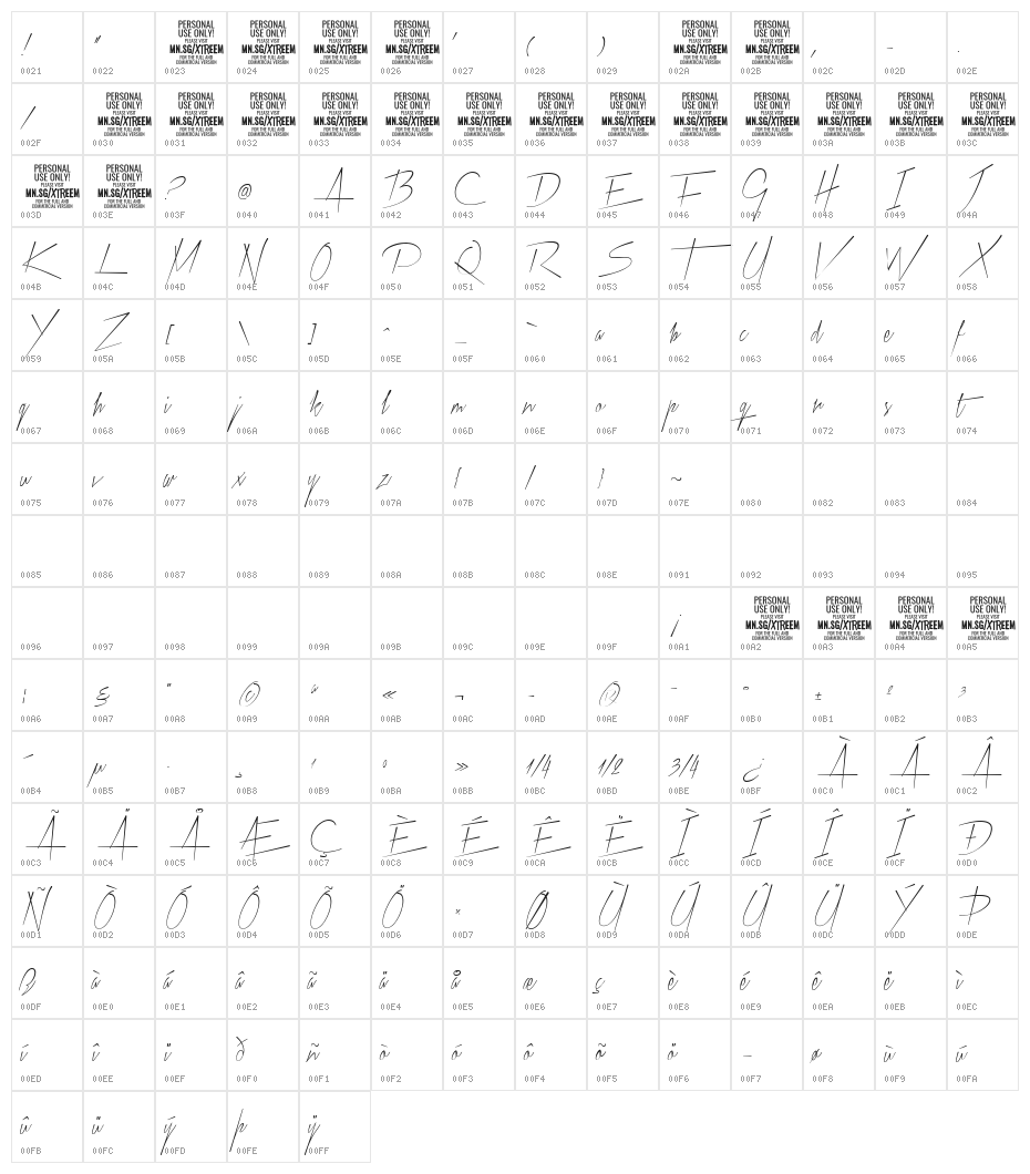 Xtreem Thin PERSONAL USE Character Map