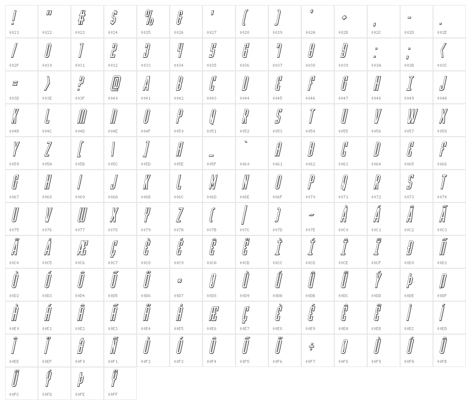 Y-Files 3D Italic Character Map