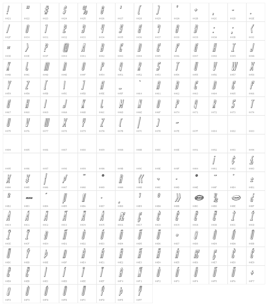 Y-Files 3D Italic Character Map