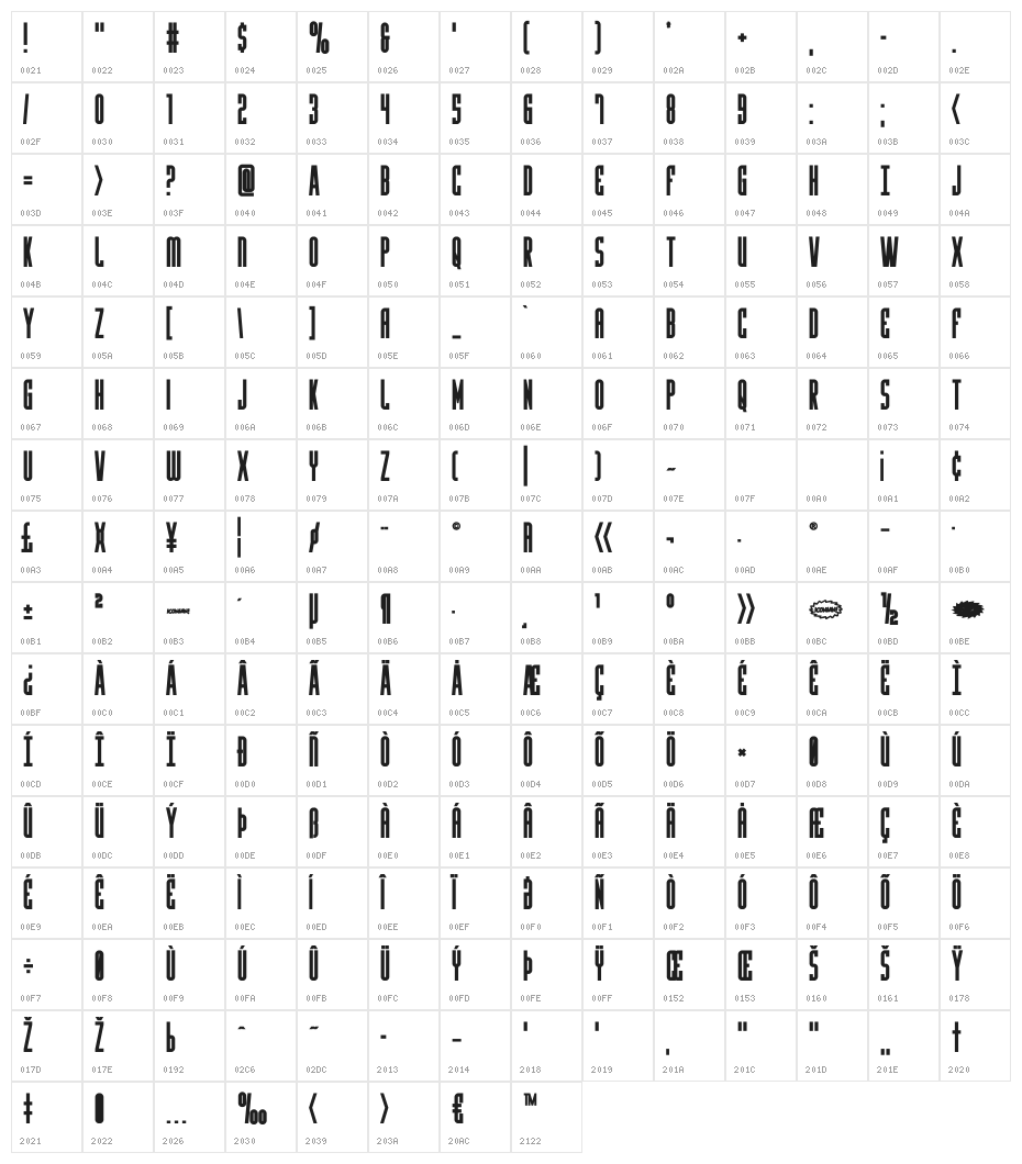 Y-Files Bold Compact Character Map