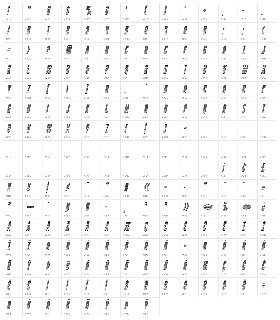 Y-Files Chrome Italic Character Map