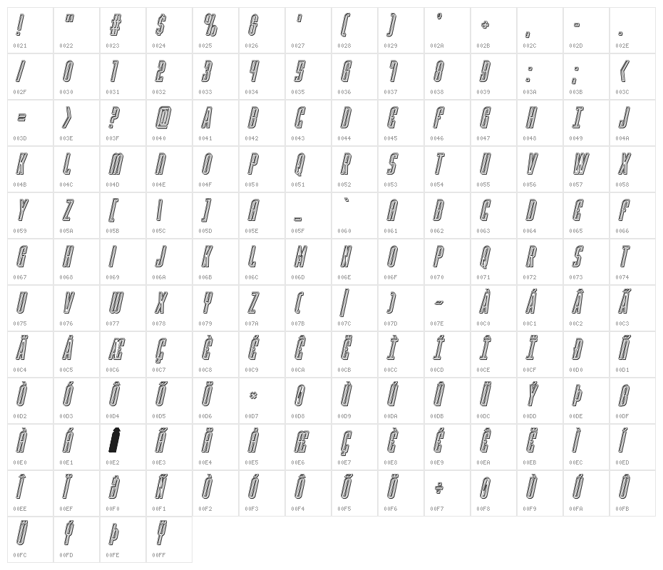 Y-Files Engraved Italic Character Map