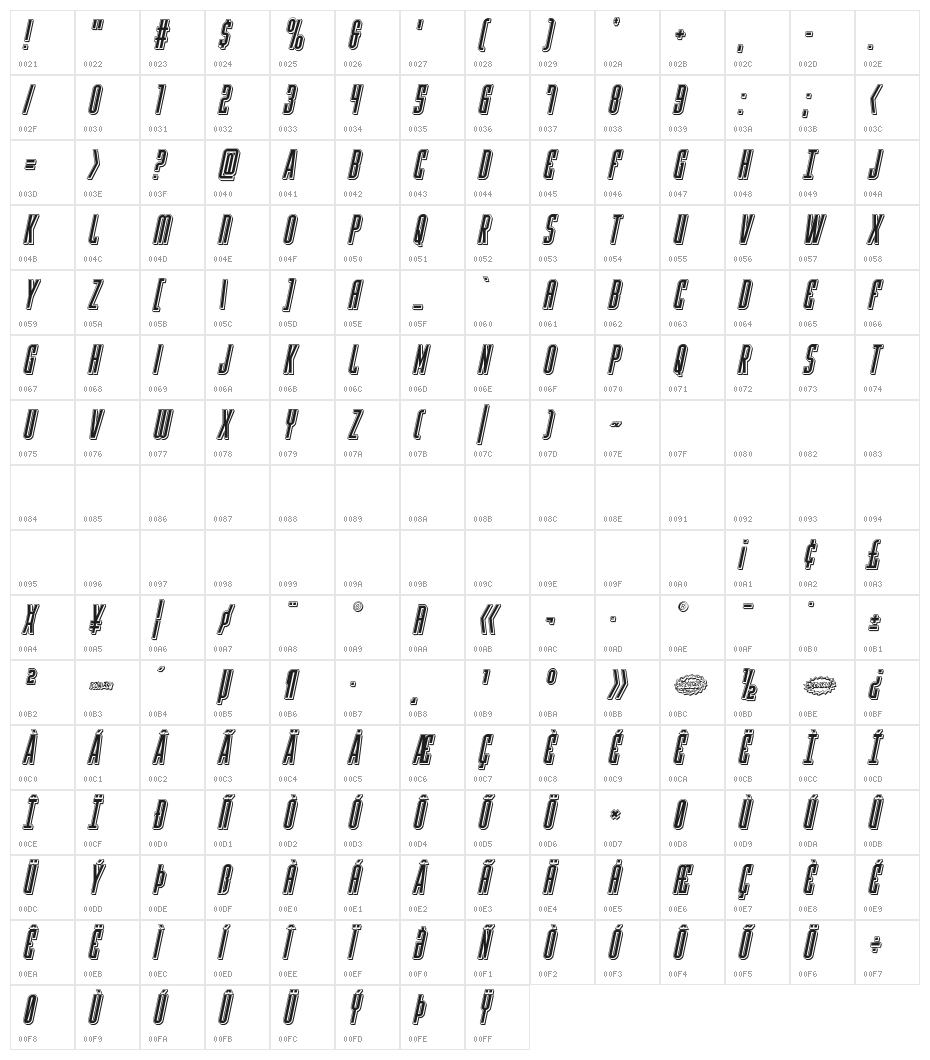 Y-Files Punch Italic Character Map