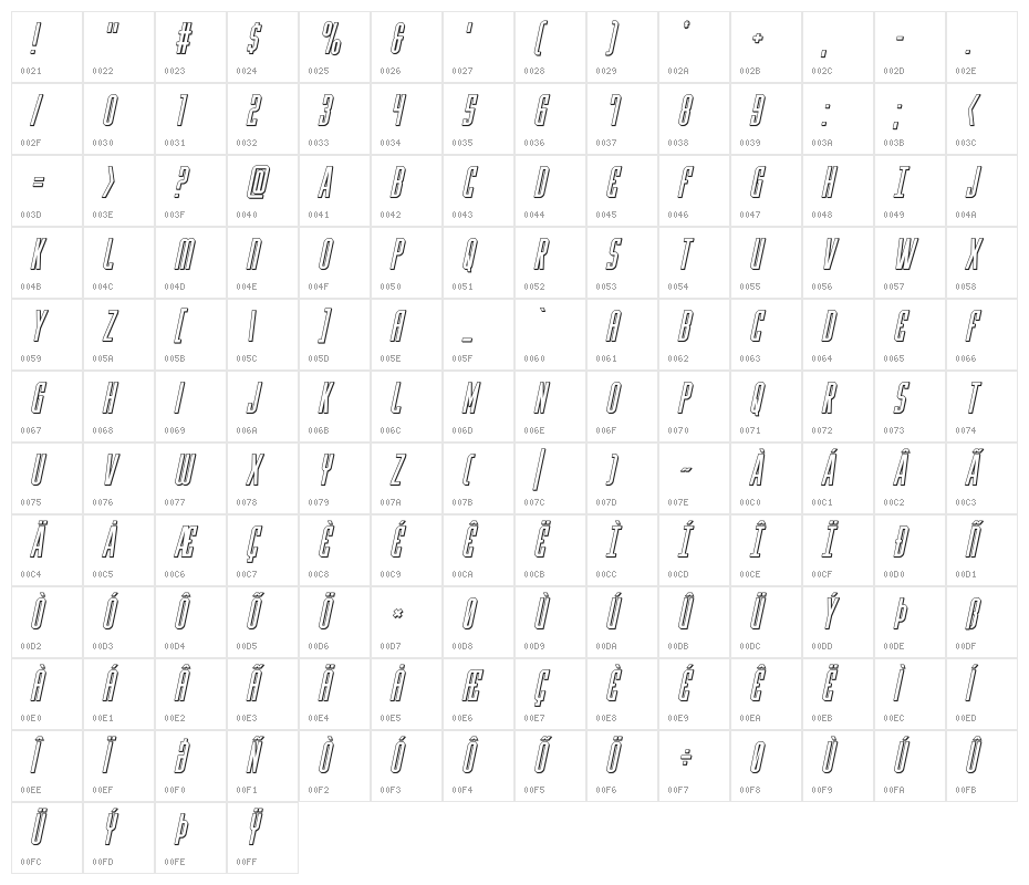 Y-Files Title 3D Italic Character Map