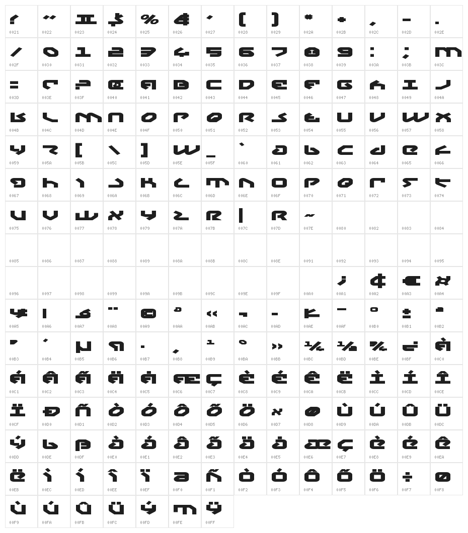 Yahren Expanded Bold Character Map